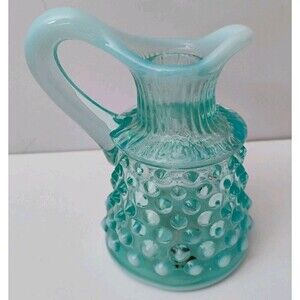 Vintage Fenton Blue Opalescent Hobnail Glass Cruet Mini Pitcher No Stopper 4"